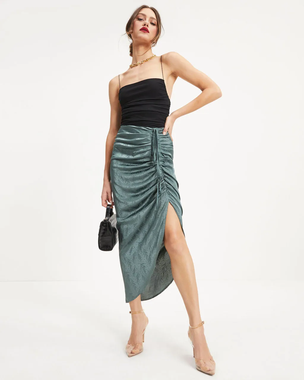 Garcelle Ruched Embossed Satin Maxi Skirt