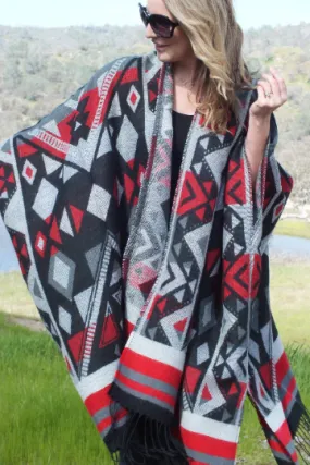 Geometric Ethnic Southwest Print Jacket Blanket Cape Oversized Top