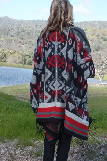 Geometric Ethnic Southwest Print Jacket Blanket Cape Oversized Top