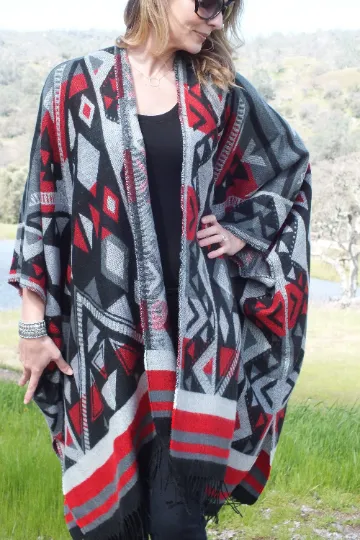 Geometric Ethnic Southwest Print Jacket Blanket Cape Oversized Top