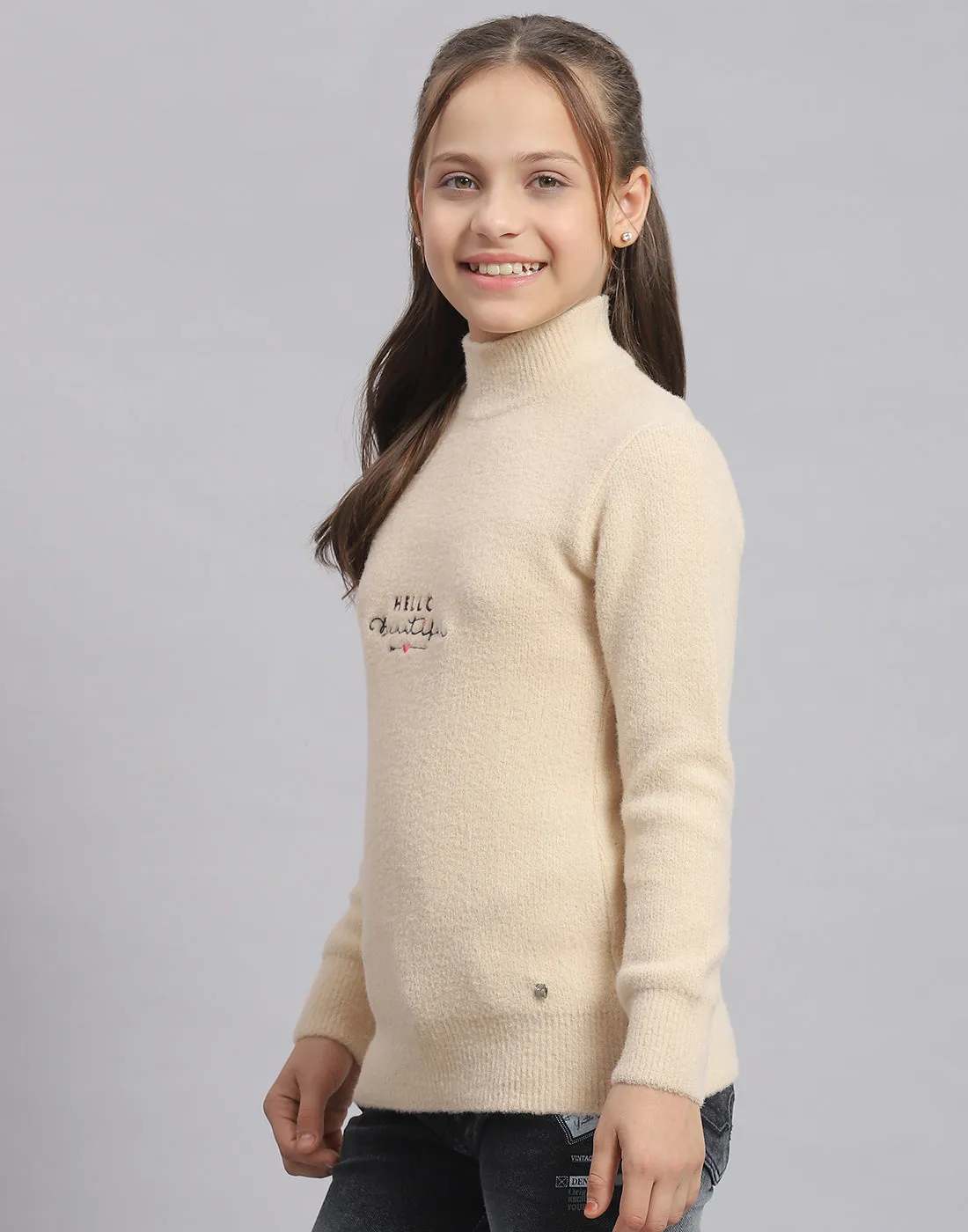 Girls Beige Solid T Neck Full Sleeve Sweater