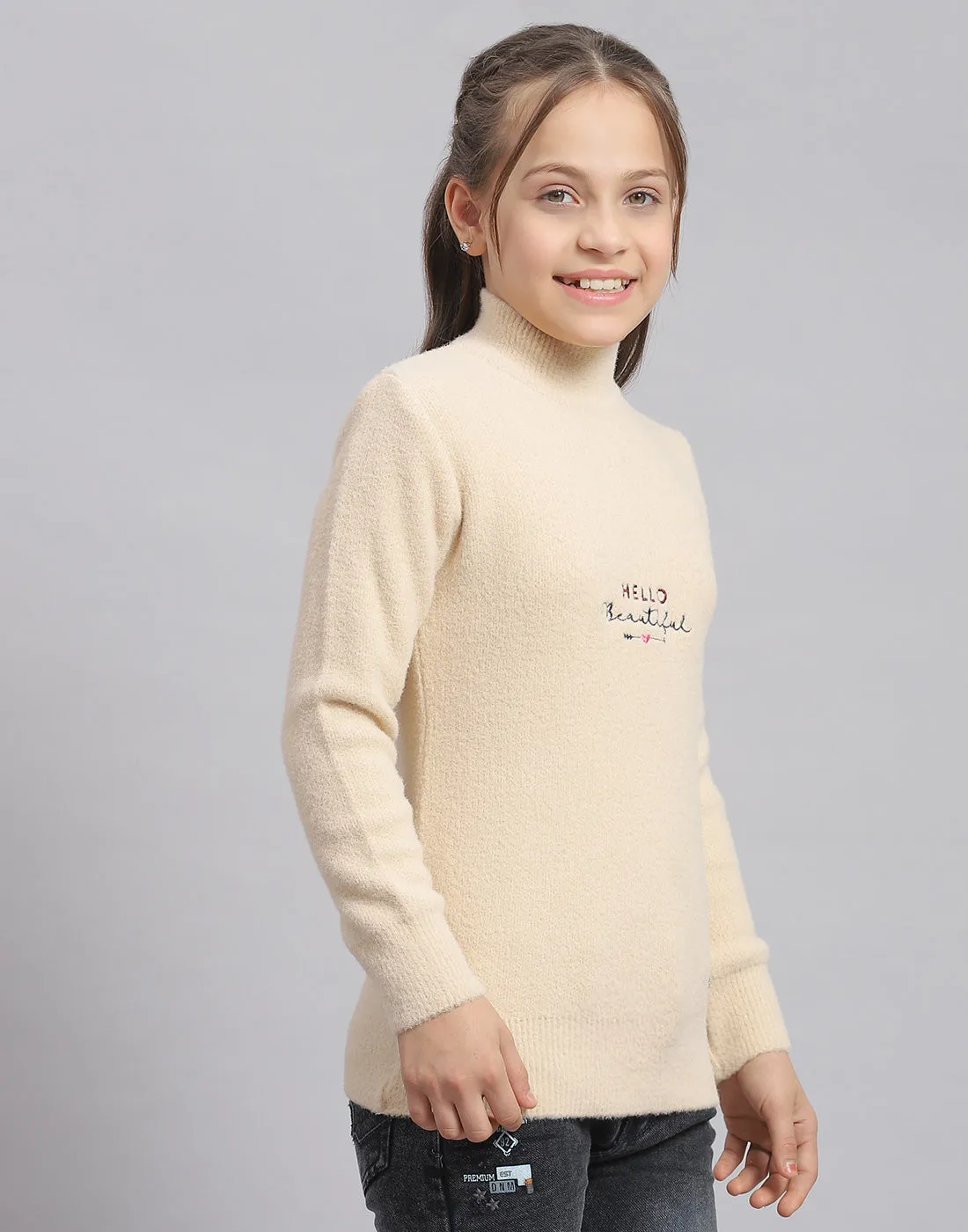 Girls Beige Solid T Neck Full Sleeve Sweater