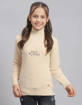 Girls Beige Solid T Neck Full Sleeve Sweater