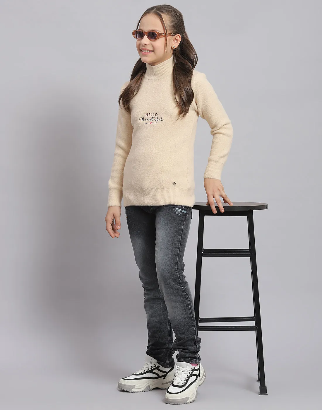 Girls Beige Solid T Neck Full Sleeve Sweater