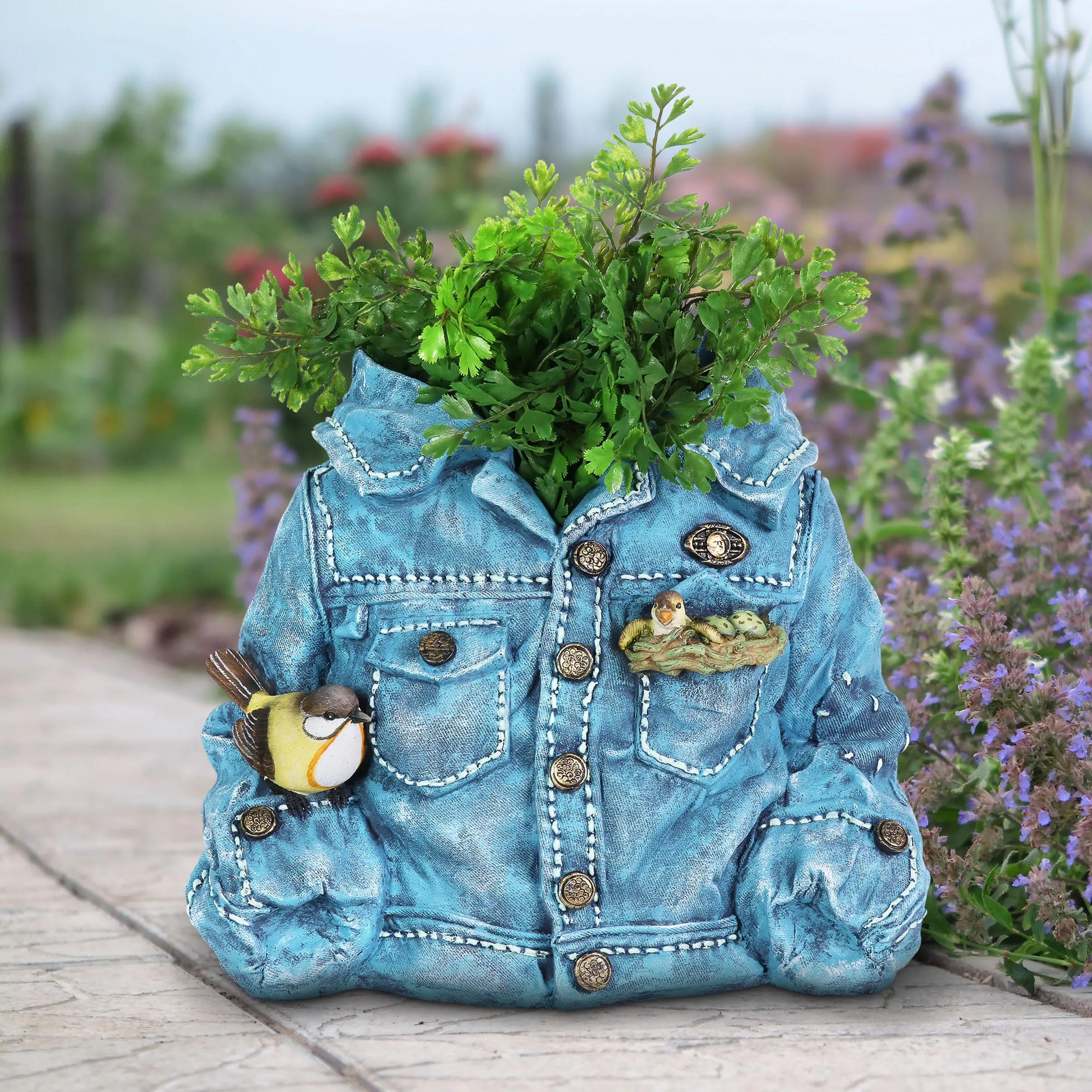 Hand Painted Blue Jean Jacket with Birds Resin Planter, 14.5 by 11.5 Inches