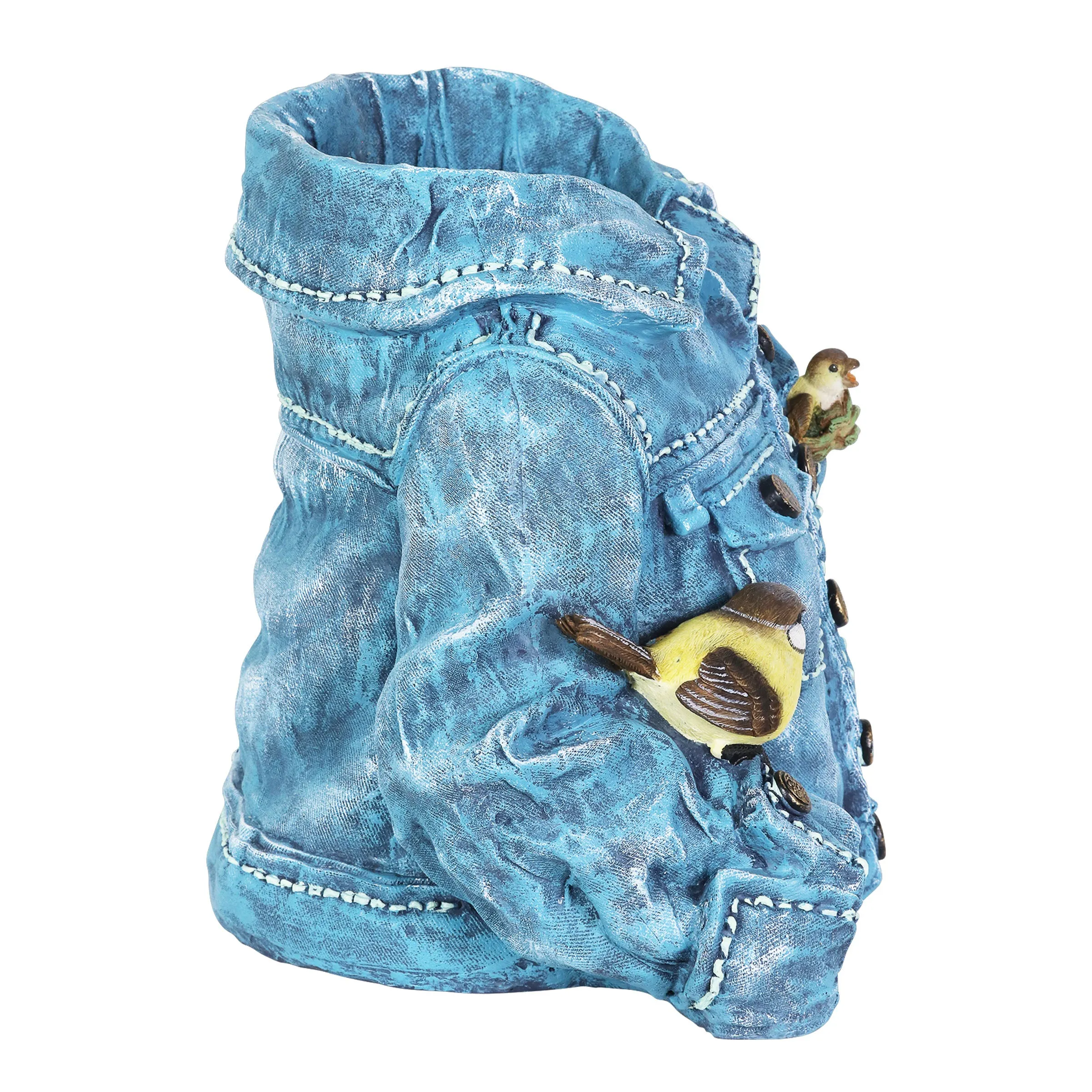 Hand Painted Blue Jean Jacket with Birds Resin Planter, 14.5 by 11.5 Inches