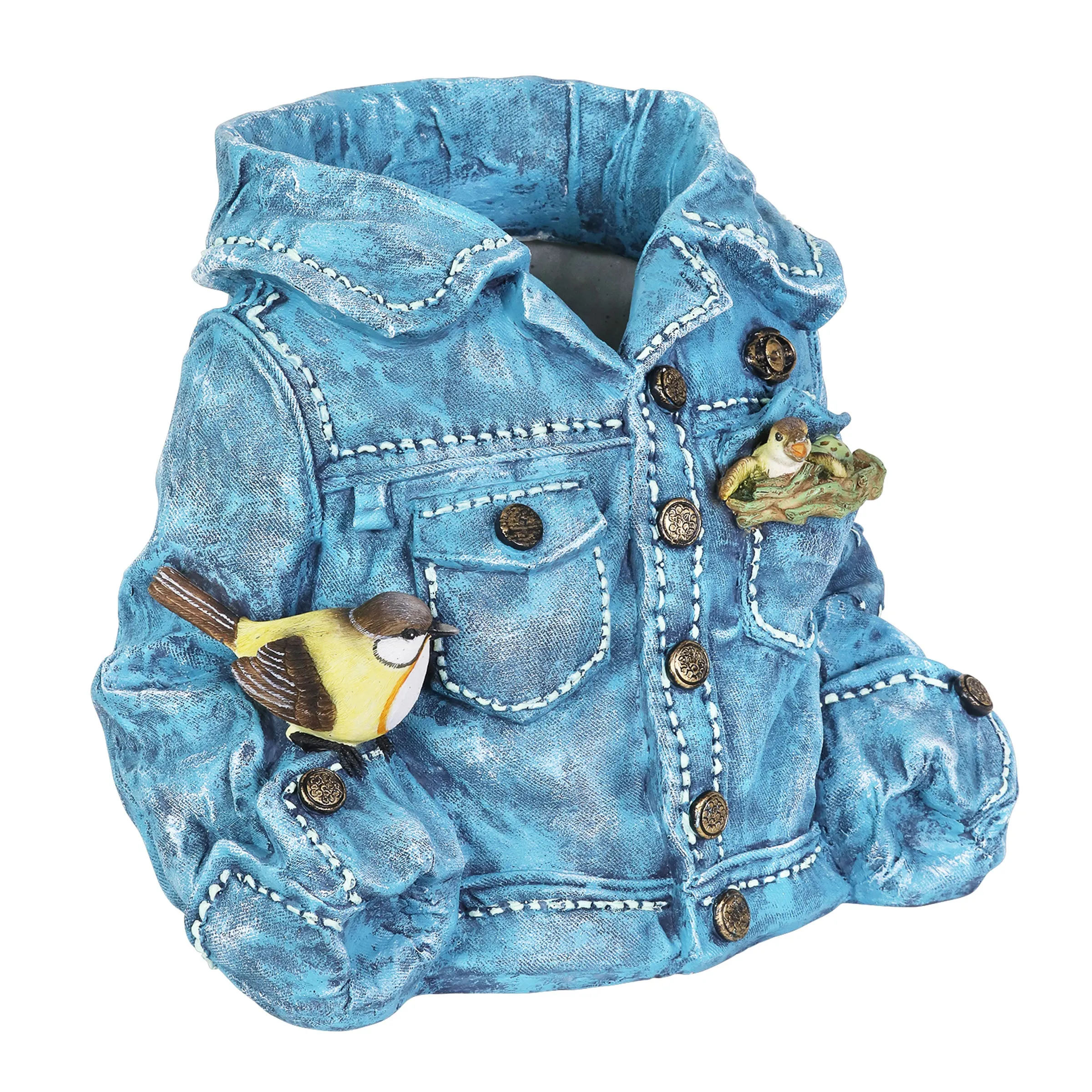 Hand Painted Blue Jean Jacket with Birds Resin Planter, 14.5 by 11.5 Inches