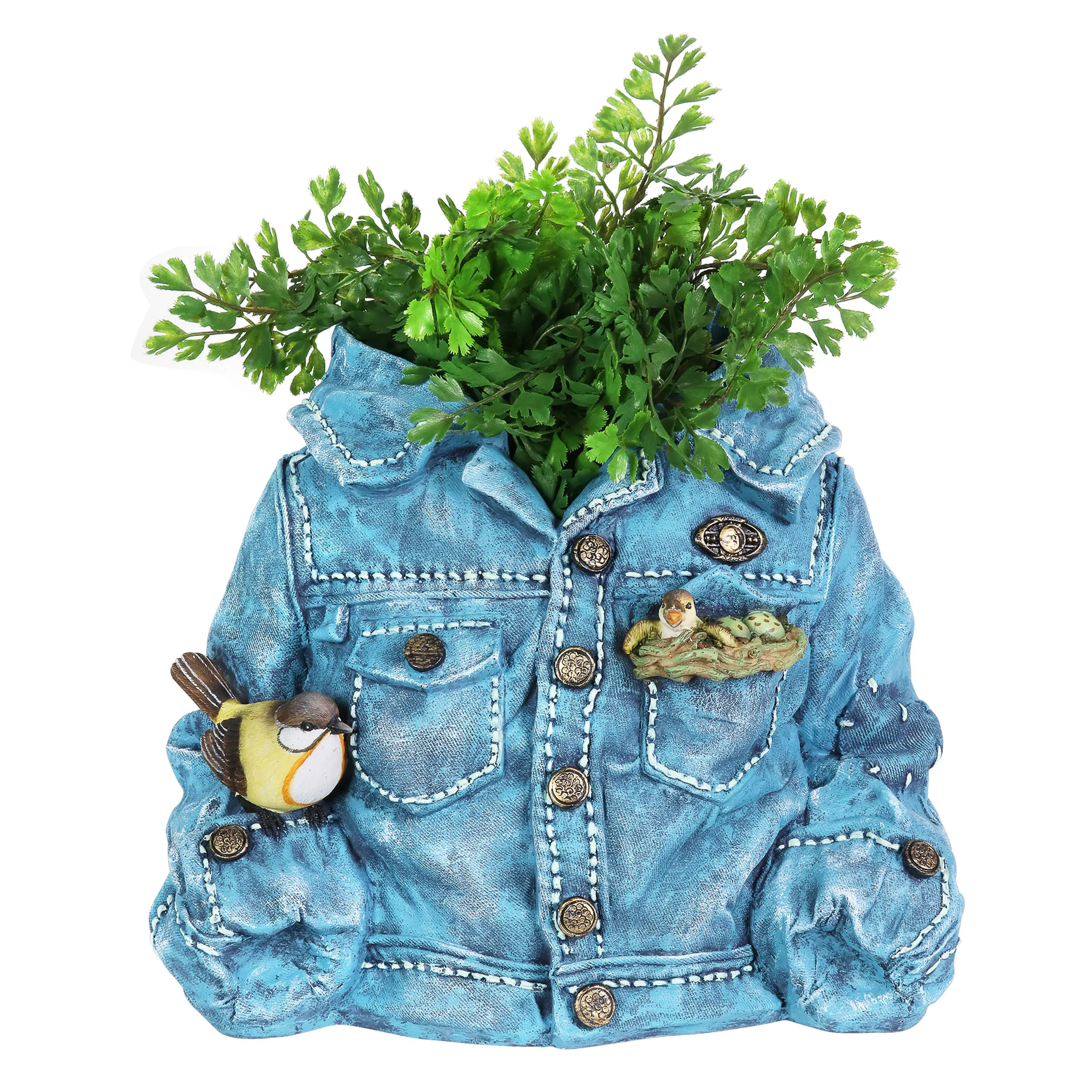 Hand Painted Blue Jean Jacket with Birds Resin Planter, 14.5 by 11.5 Inches