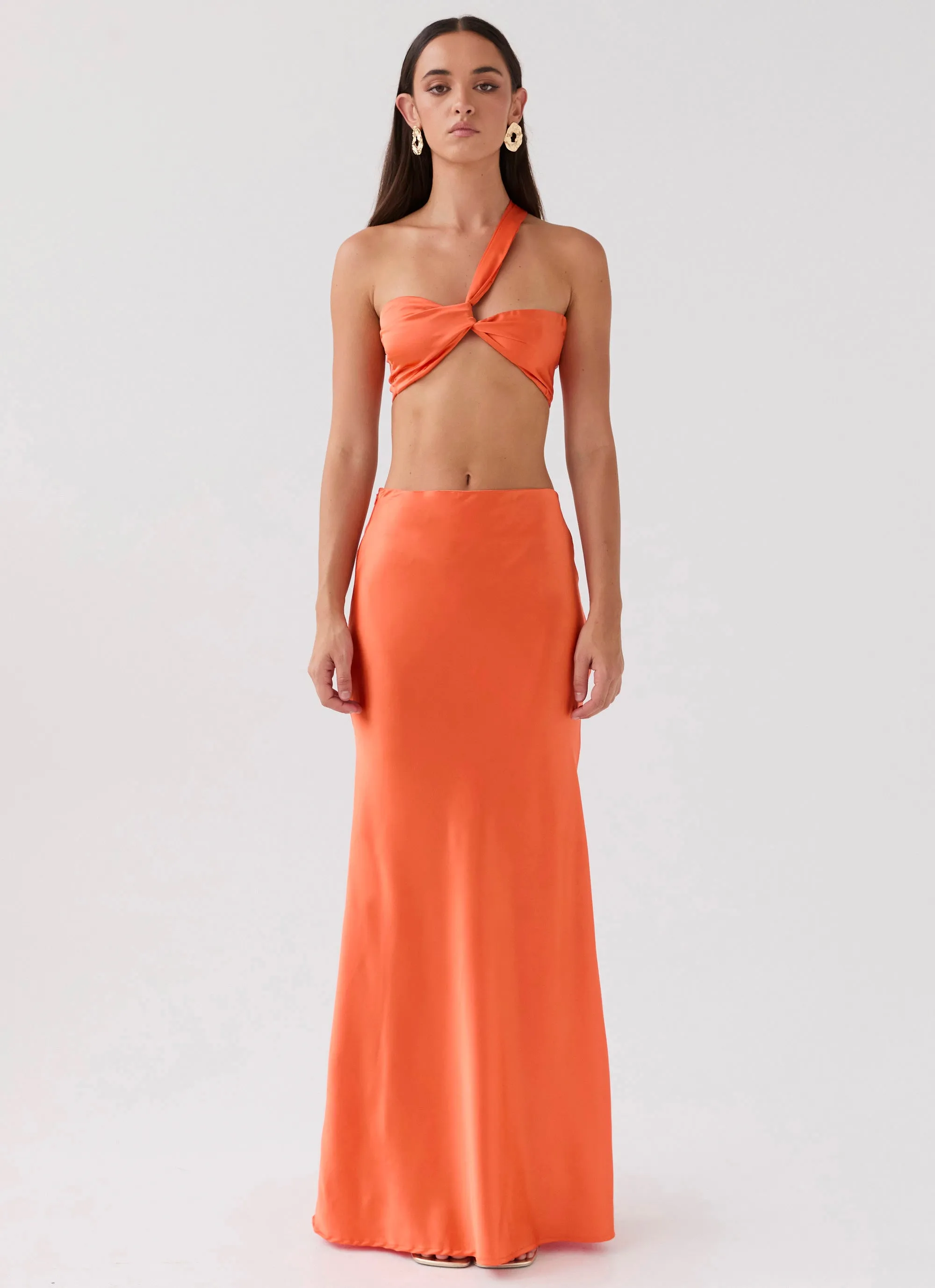 Hidden Oasis Satin Maxi Skirt - Tangerine