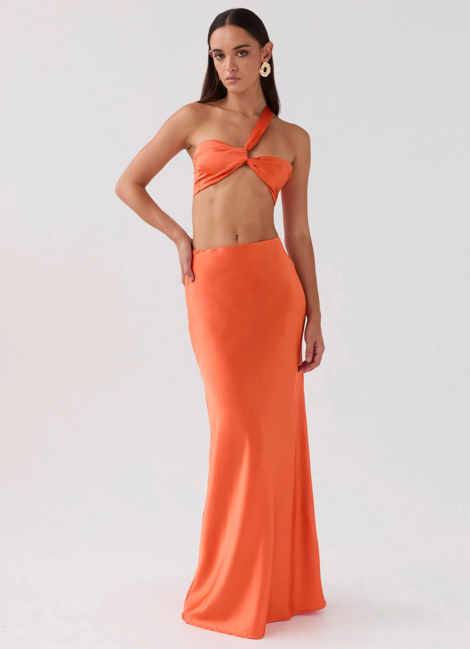 Hidden Oasis Satin Maxi Skirt - Tangerine