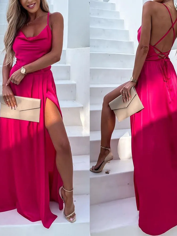 JuliaFashion - JuliaFashion-Elegant Pleated High Slit Solid Beach Cross Tie-Up Backless Dress