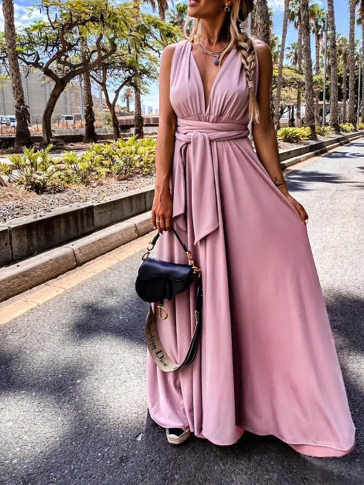 JuliaFashion - JuliaFashion-Elegant Pleated High Slit Solid Beach Cross Tie-Up Backless Dress