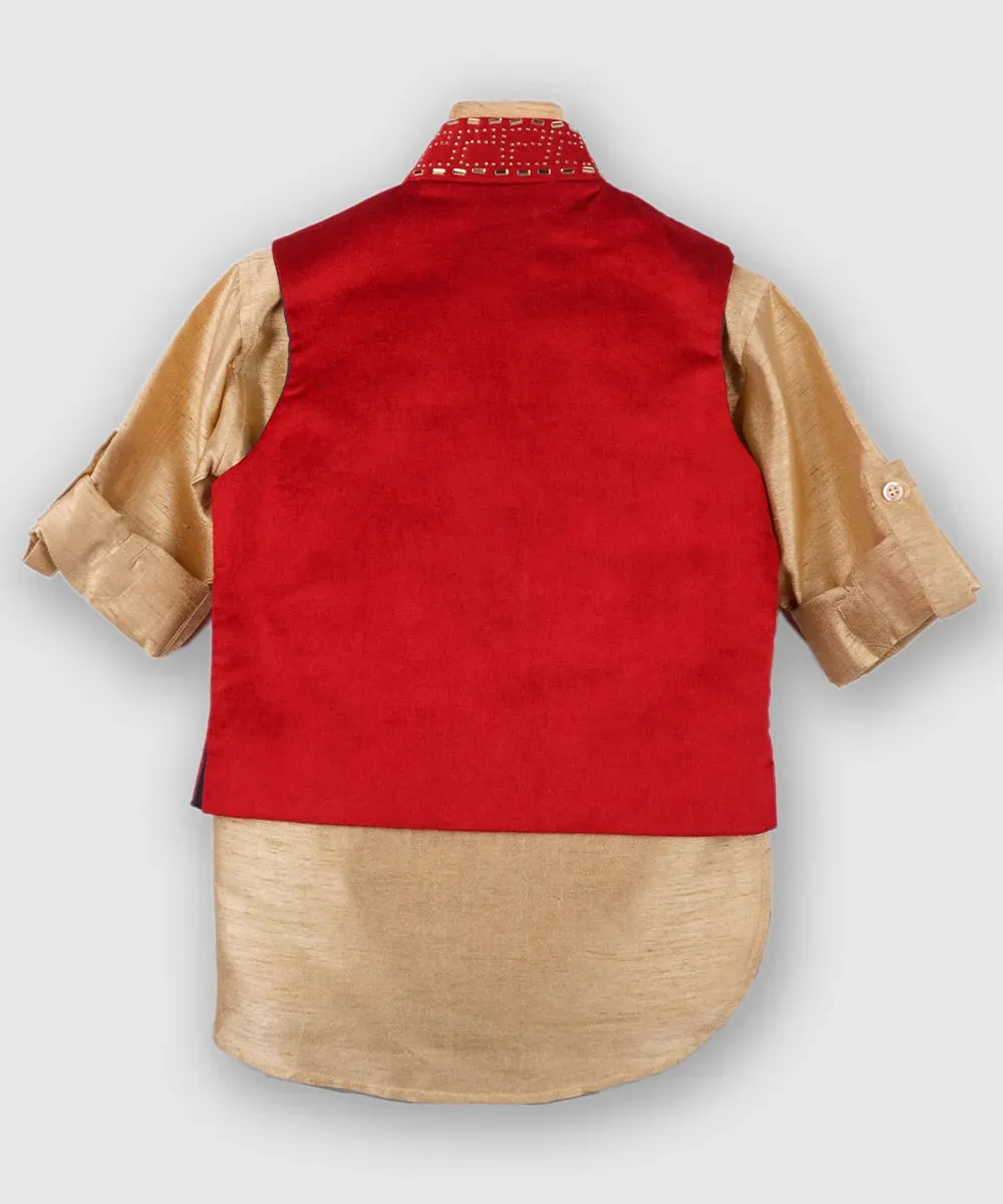 Kurta Pyjama Set In Tussar Silk with Red Velvet Jacket