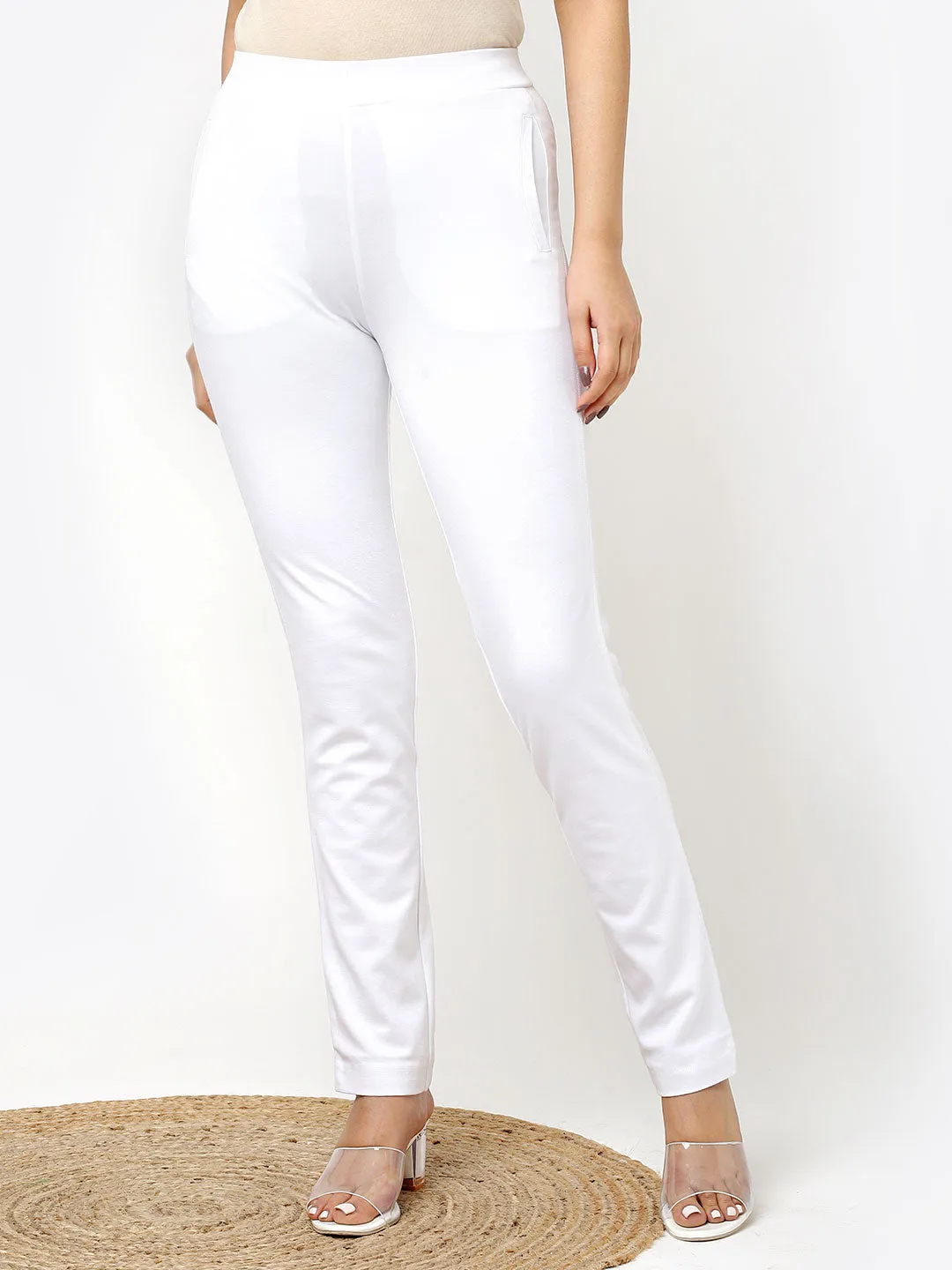 Liah White Straight Fit Trousers for Women