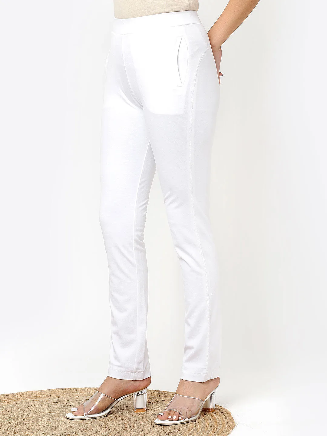 Liah White Straight Fit Trousers for Women