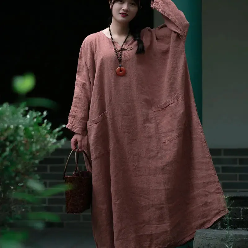 Linen Maxi Dress Vintage Dark Coffee Red with Long Sleeves Dress