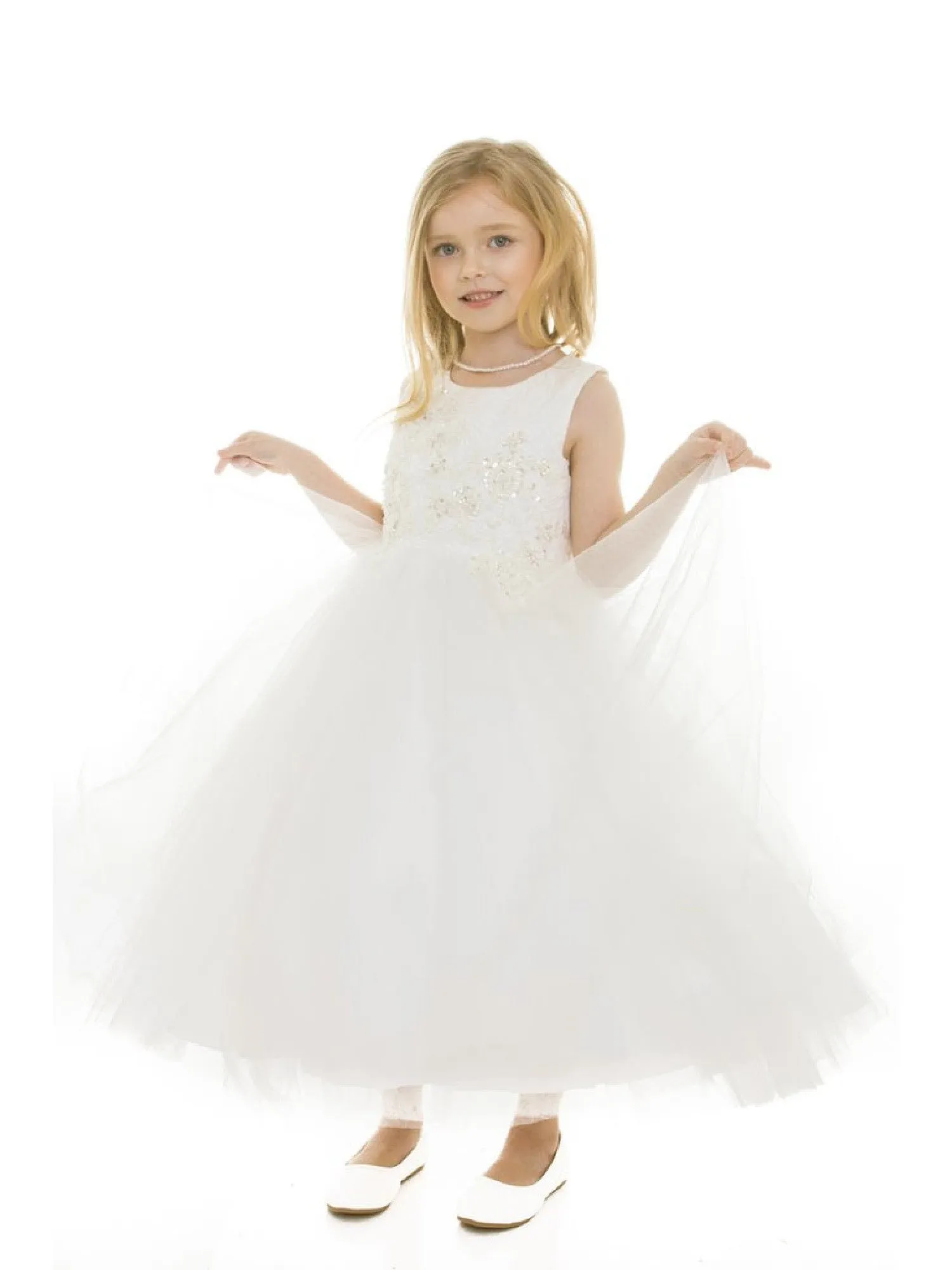 Little Girls Ivory Jacquard Tulle Luna Flower Girl Dress 2-6