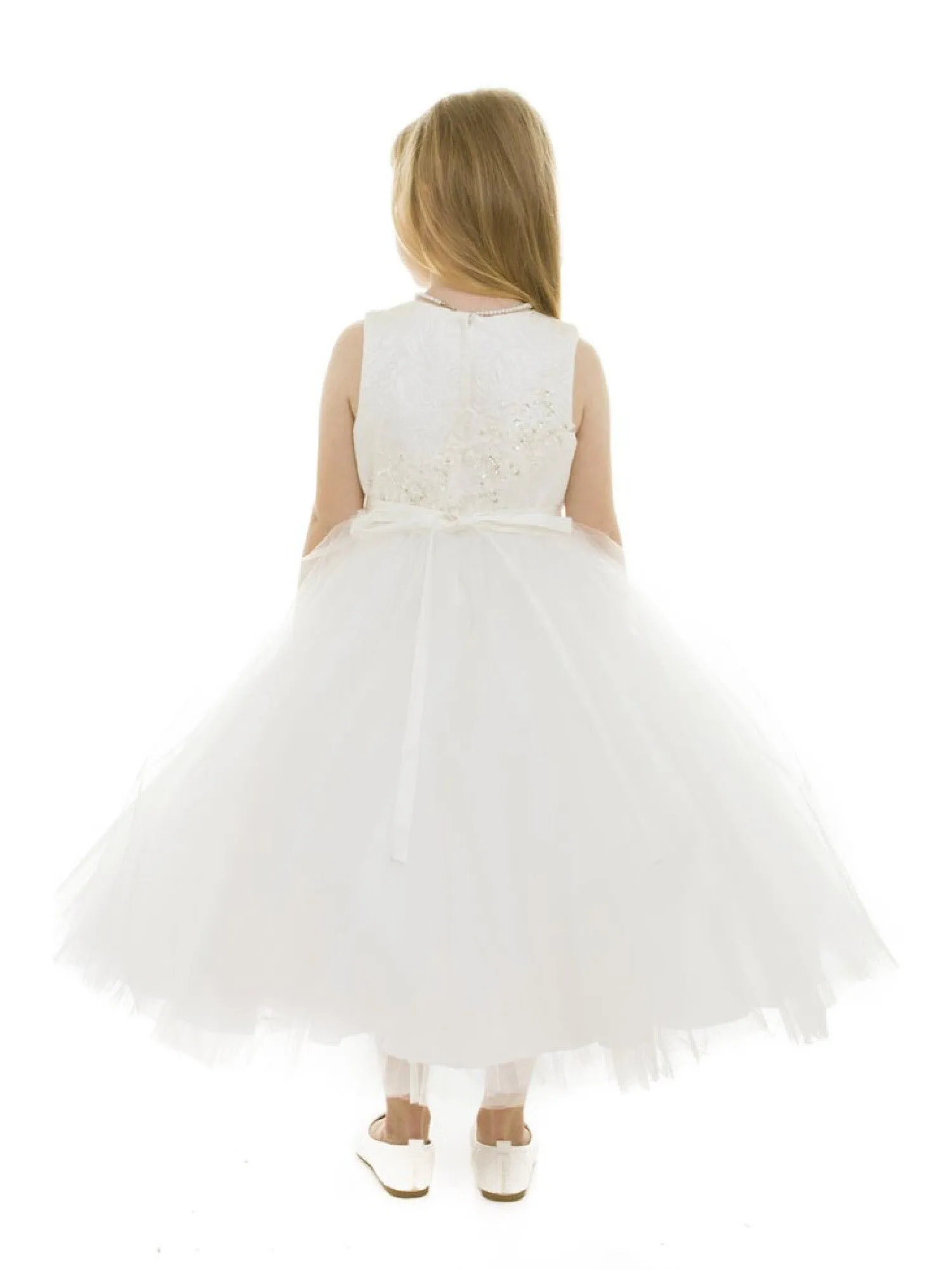 Little Girls Ivory Jacquard Tulle Luna Flower Girl Dress 2-6