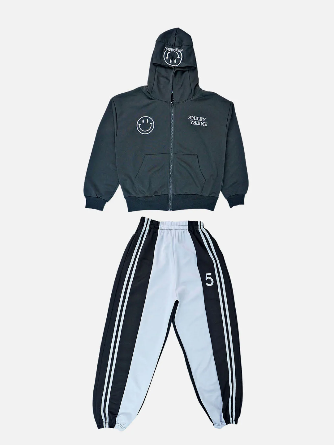 Little Surprise Box,Casual Smiley Black & White Stripes 2Pcs Track Suit Set For Kids & Tweens