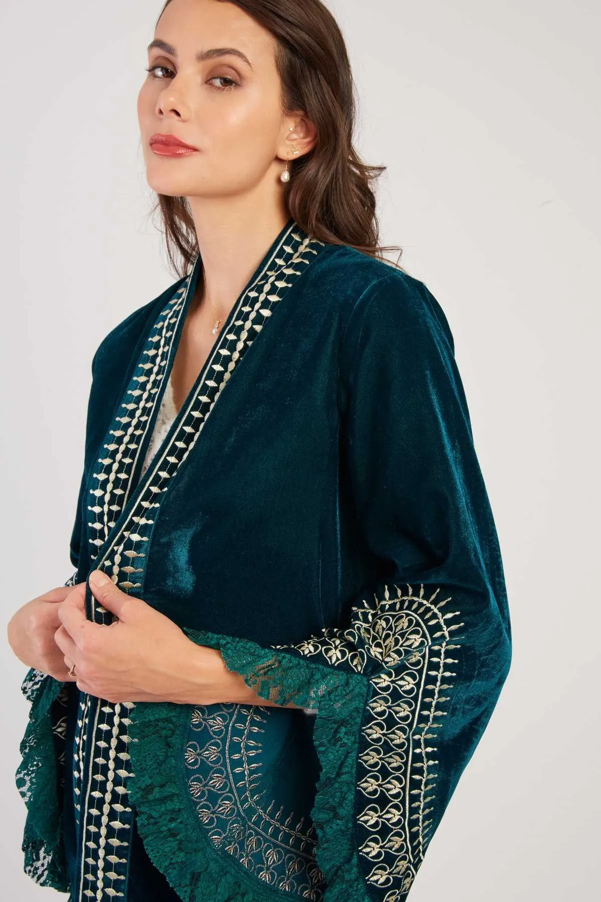 LouLou Embroidered  Velvet Jacket -Teal