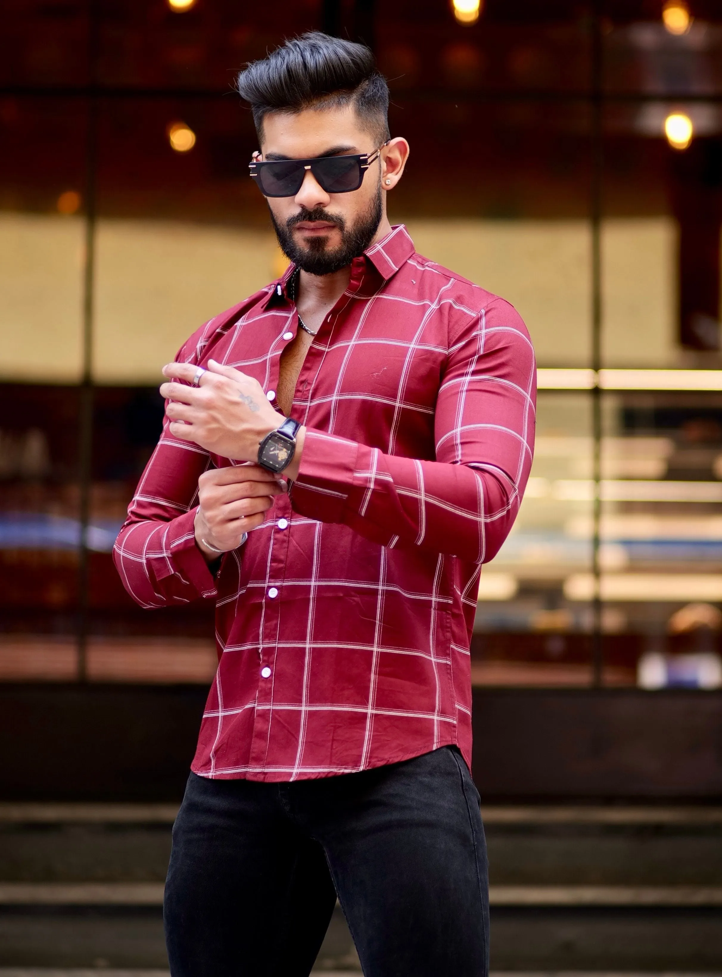 Maroon Check Printed Cotton Shirt For Men's