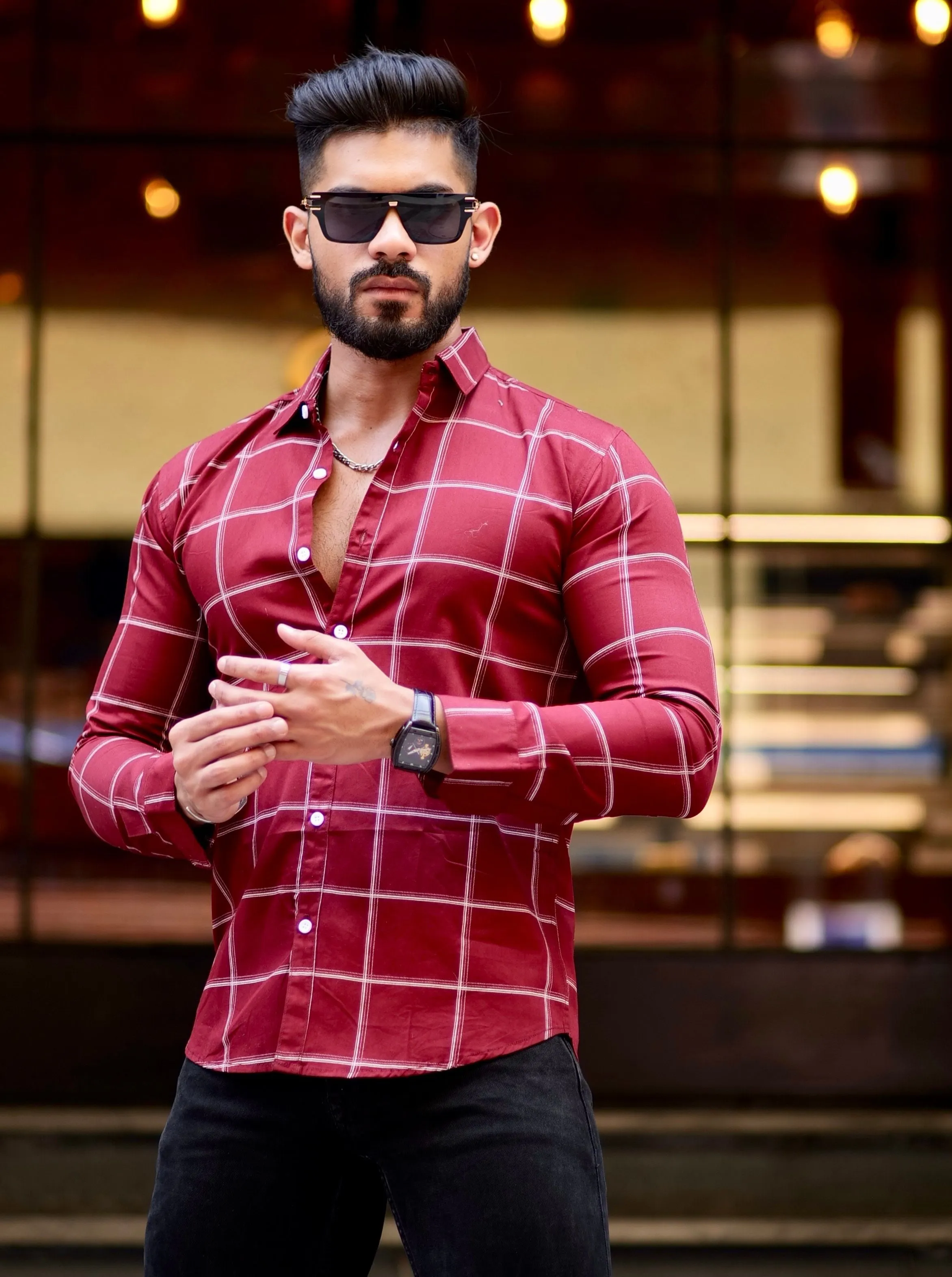 Maroon Check Printed Cotton Shirt For Men's