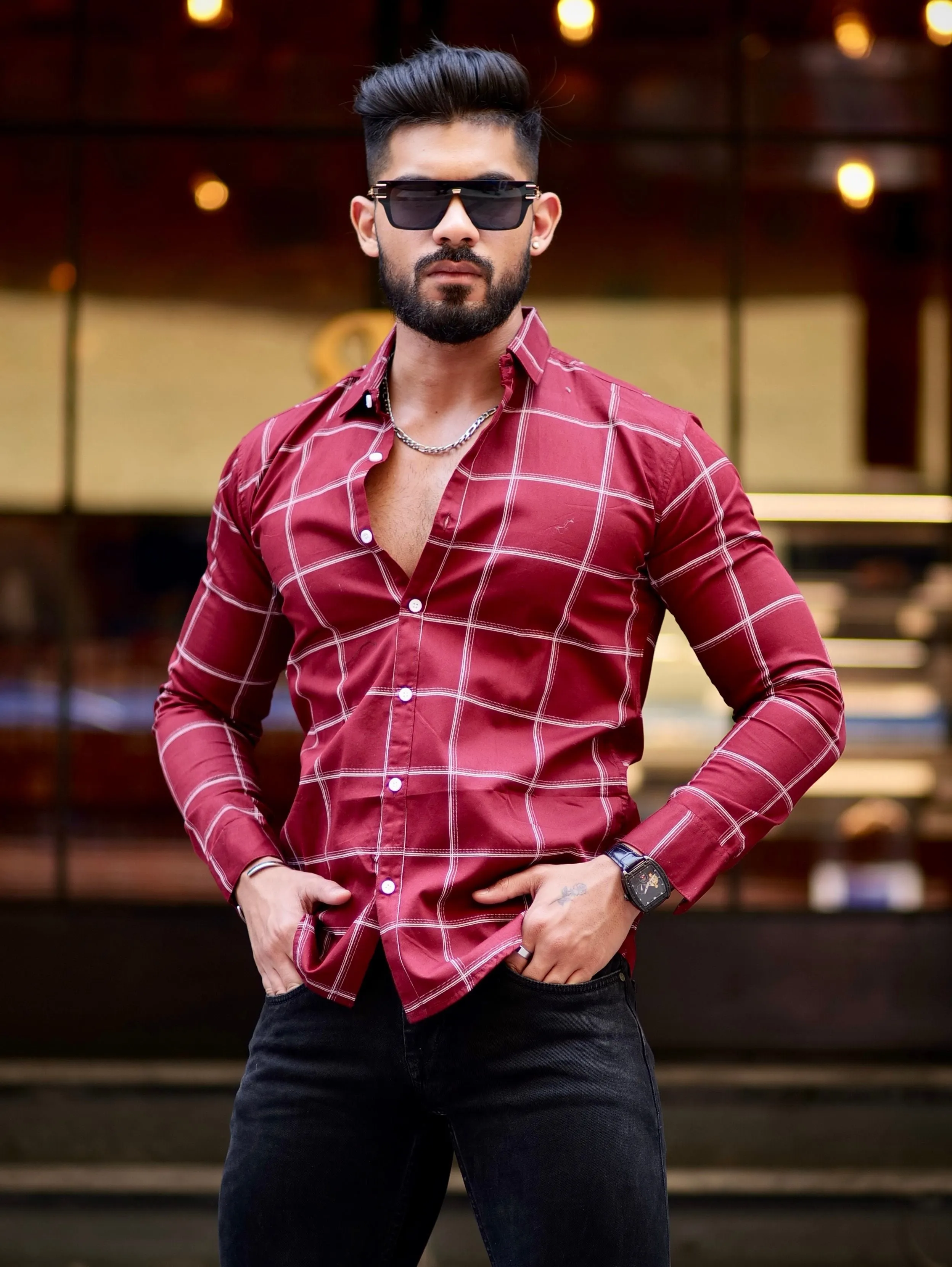 Maroon Check Printed Cotton Shirt For Men's