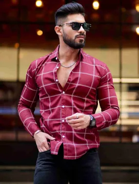 Maroon Check Printed Cotton Shirt For Men's