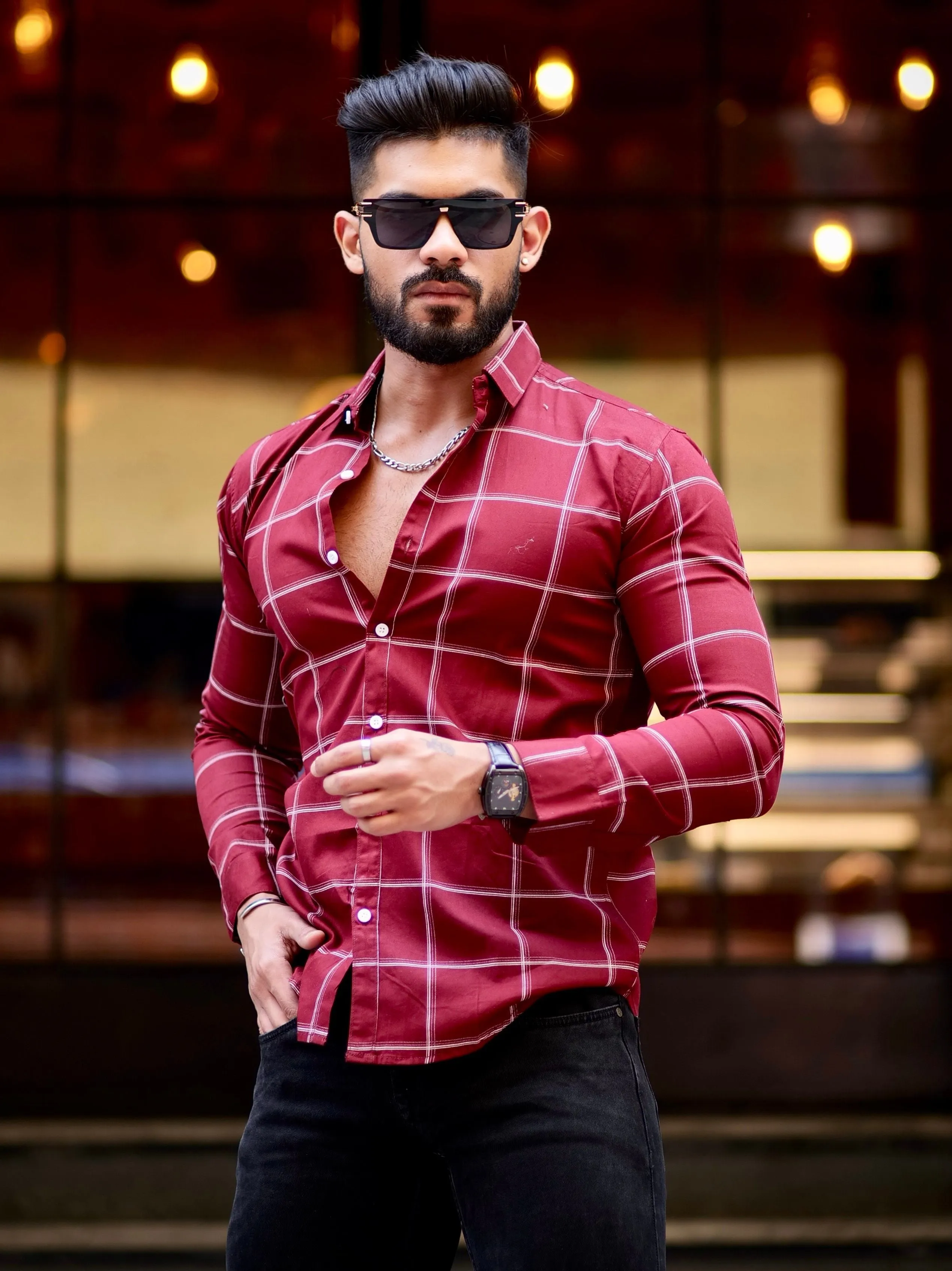 Maroon Check Printed Cotton Shirt For Men's