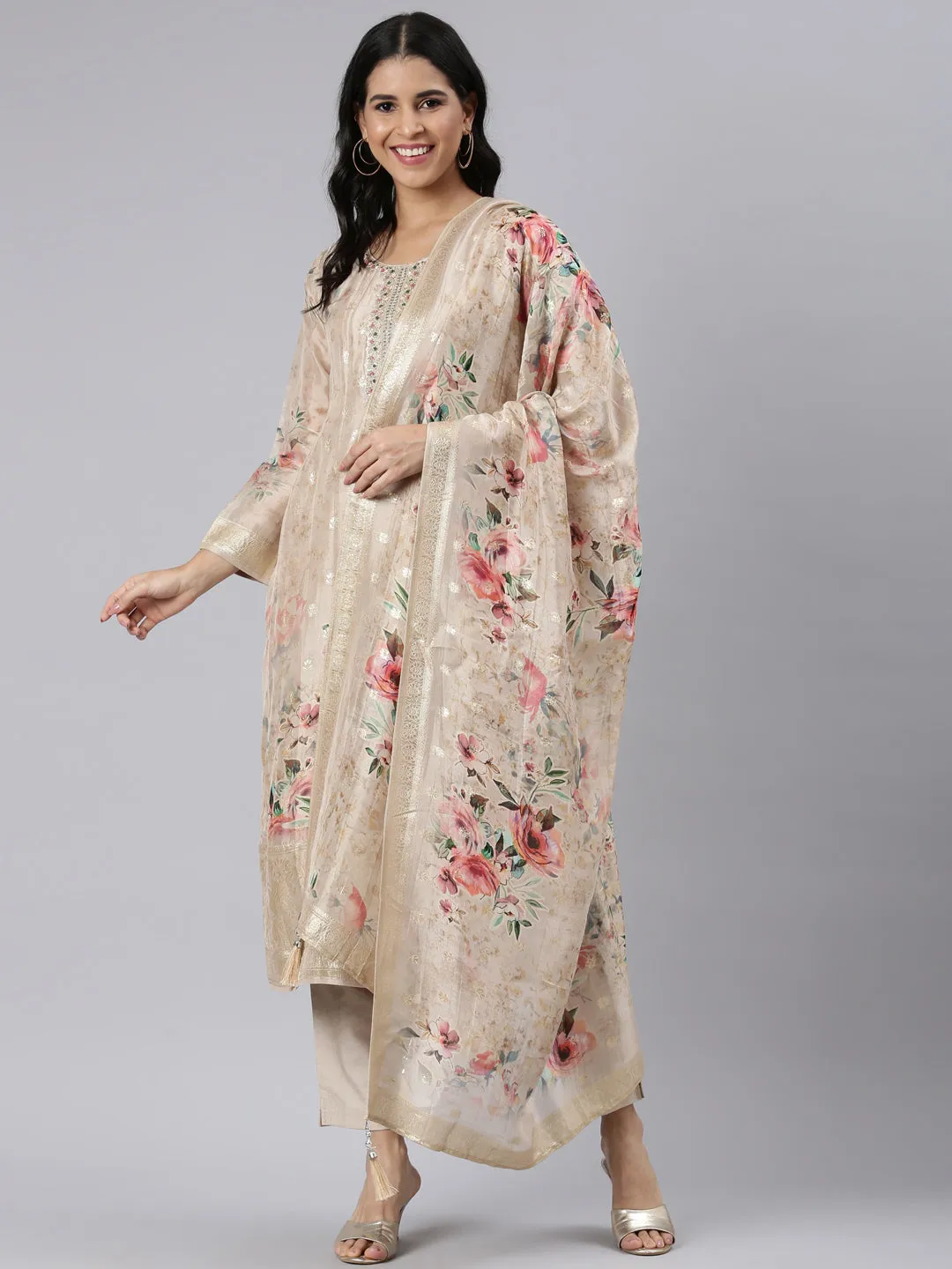 Neerus Gold Regular Straight Printed Kurta and Trousers With Dupatta