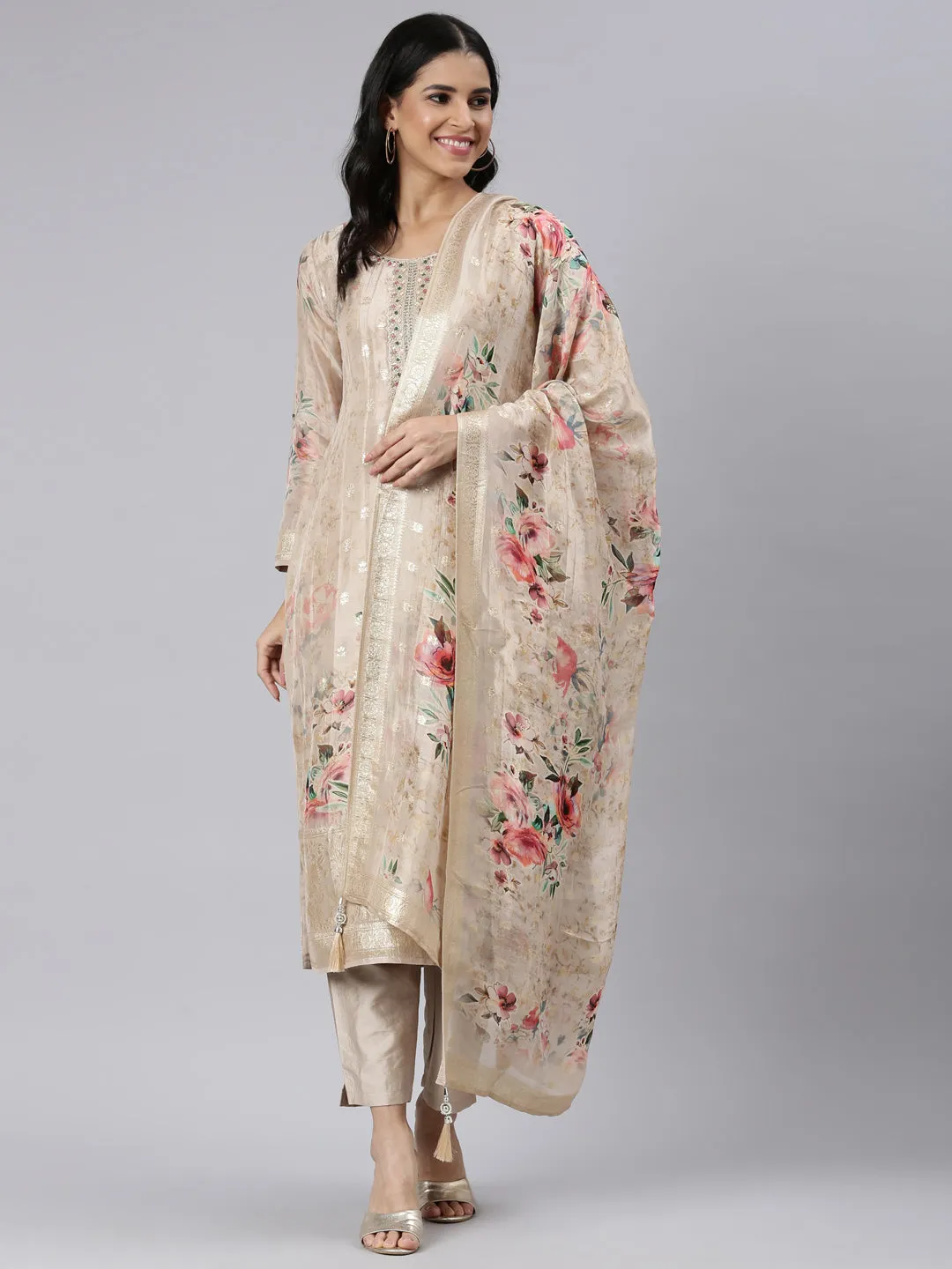 Neerus Gold Regular Straight Printed Kurta and Trousers With Dupatta