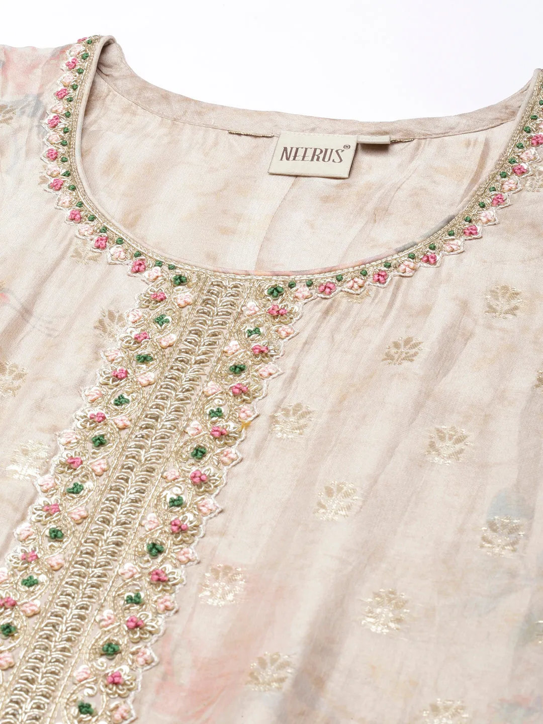 Neerus Gold Regular Straight Printed Kurta and Trousers With Dupatta