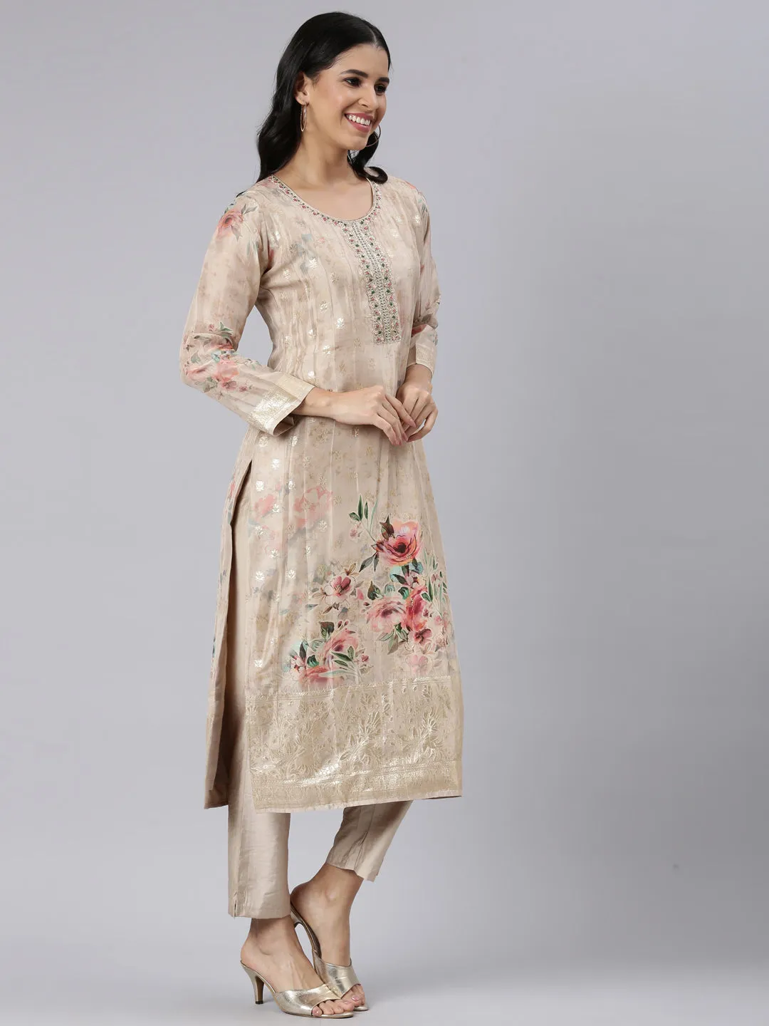 Neerus Gold Regular Straight Printed Kurta and Trousers With Dupatta