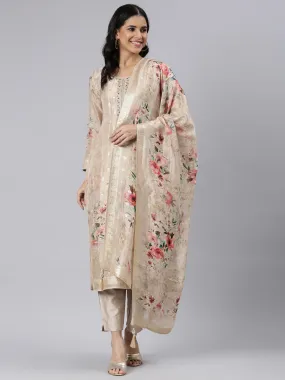 Neerus Gold Regular Straight Printed Kurta and Trousers With Dupatta