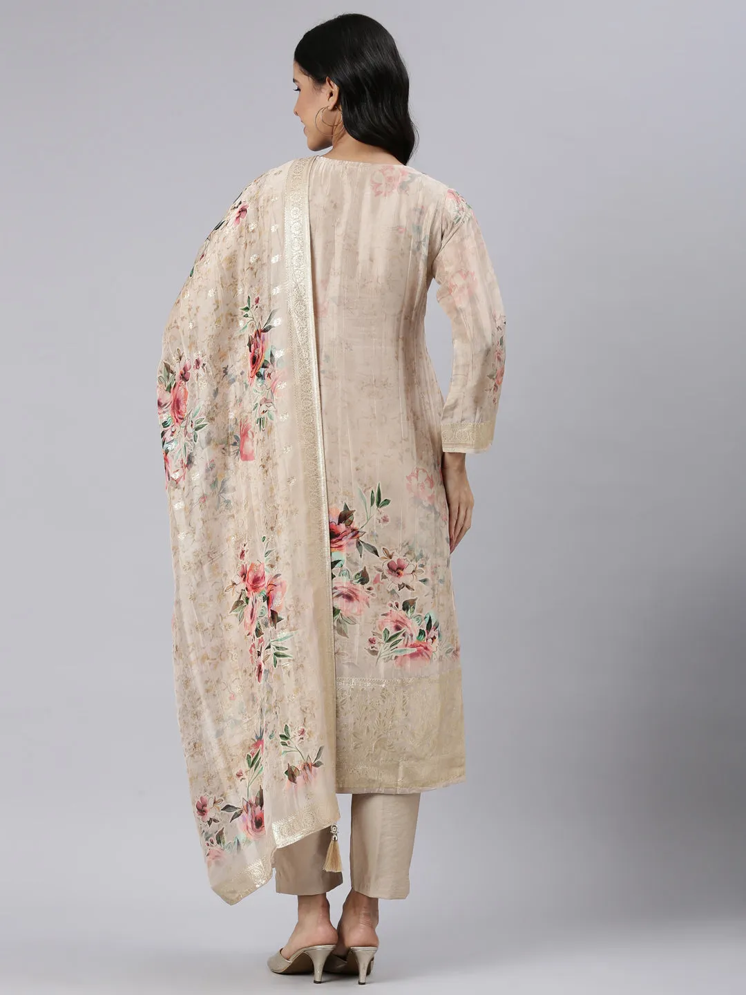 Neerus Gold Regular Straight Printed Kurta and Trousers With Dupatta