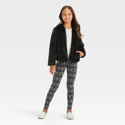 New - Girls' Faux Fur Zip-Up Jacket - Cat & Jack Black XS