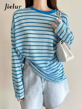 O-Neck Long Sleeve Striped Women T-Shirt Korean T Shirt Women Clothes Summer Autumn Tee Shirt Femme Ladies Tops