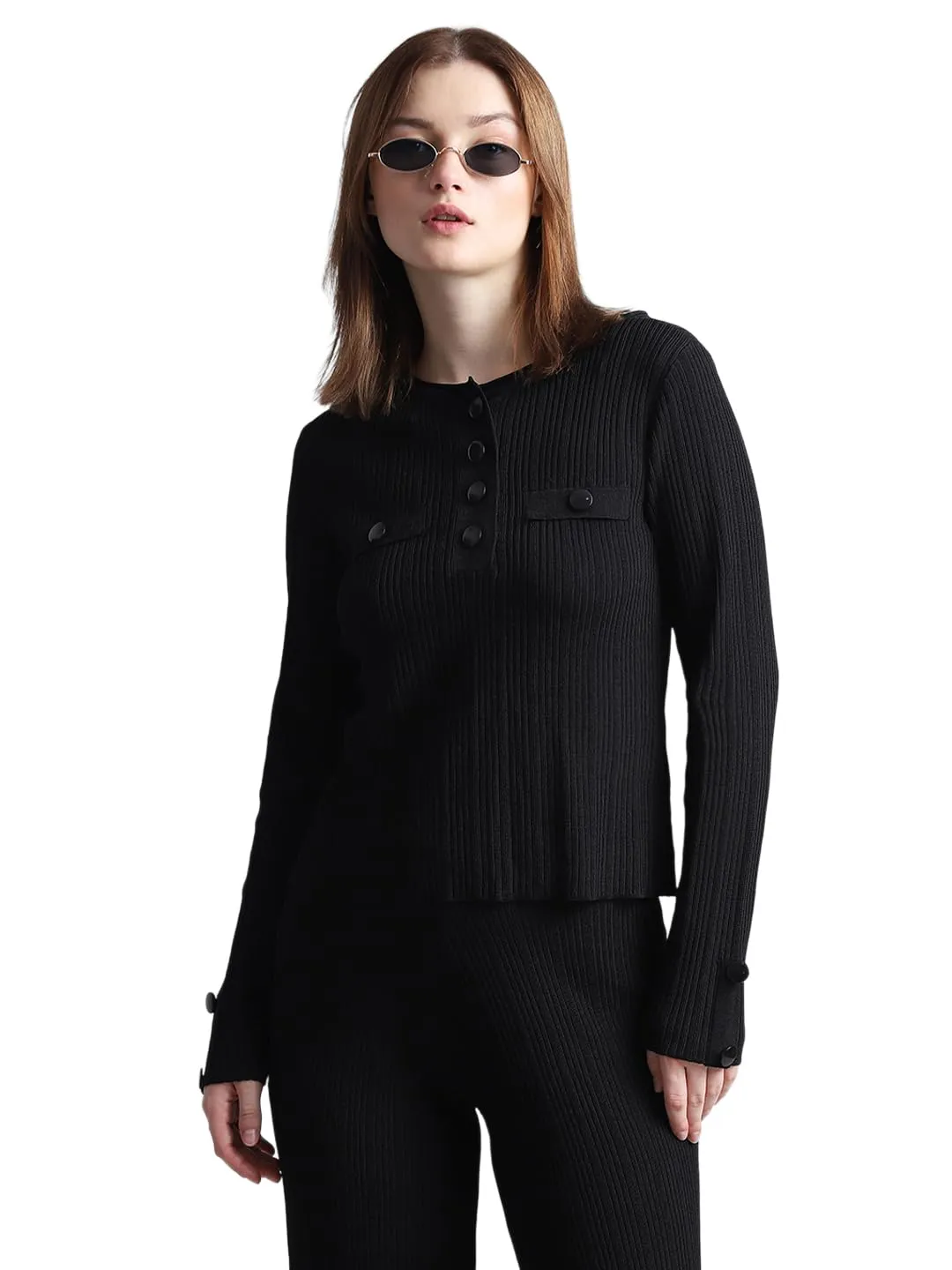 ONLY Women's Viscose Round Neck Pullover Sweater (15323384- Black