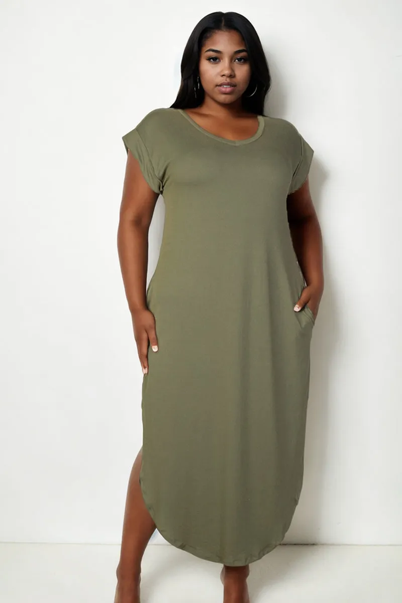 Plus Size Hidden Pocket Batwing Sleeve V Neck Long Dress (CAPELLA)