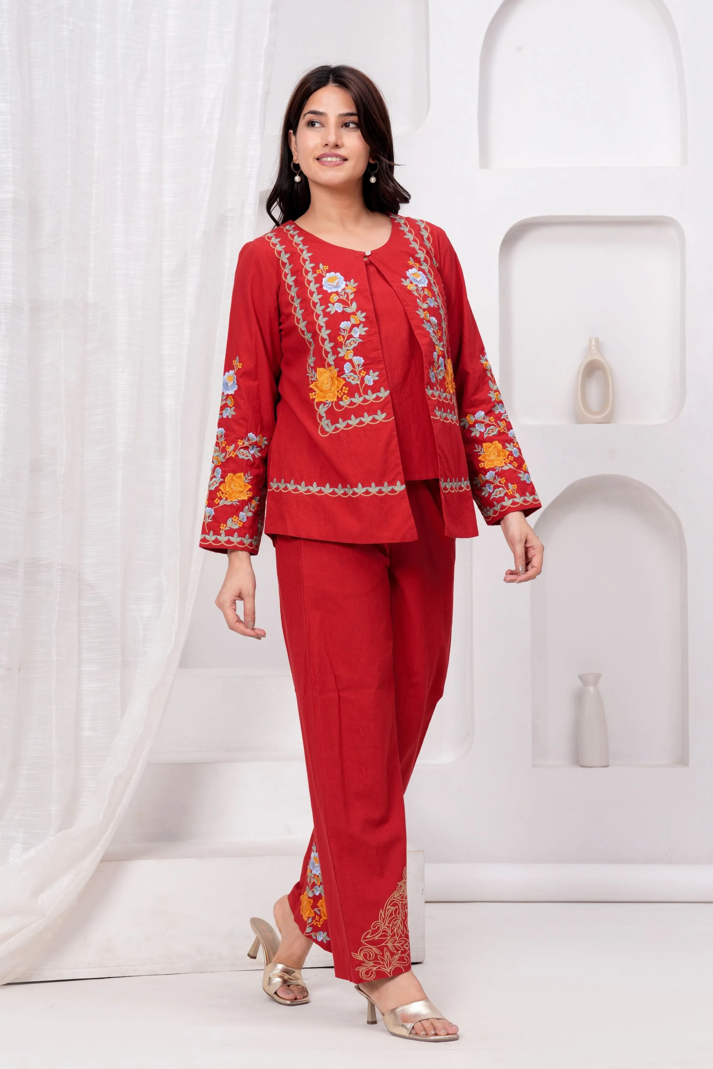 Red Embroidered Organic Cotton Jacket Co-Ord Set