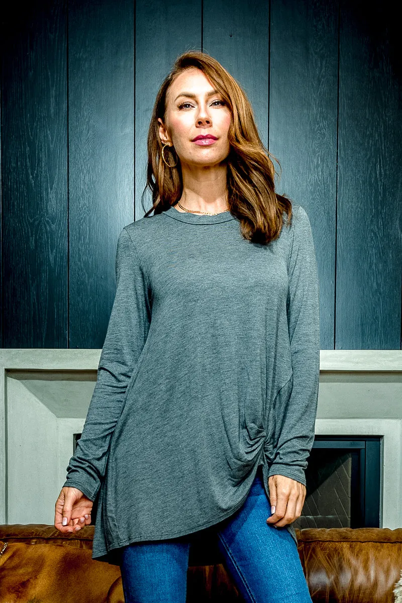 Relaxed Fit Long Sleeve T-Shirt Top with Asymmetrical Gathered Twist at Hem* (MT5002)