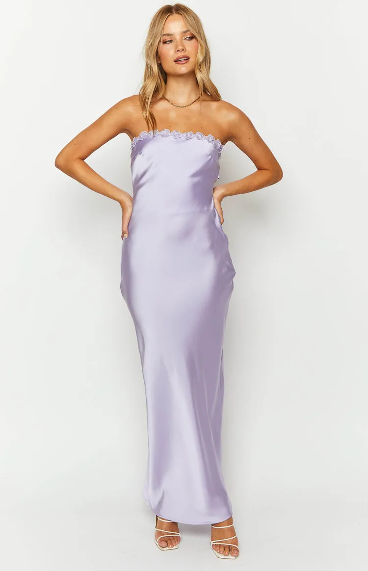 Rhea Purple Satin Strapless Maxi Dress