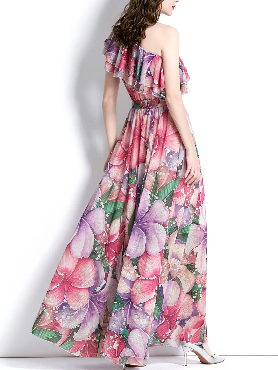 Rose One Shoulder Rose Floral Print Boho Dress Maxi Dress