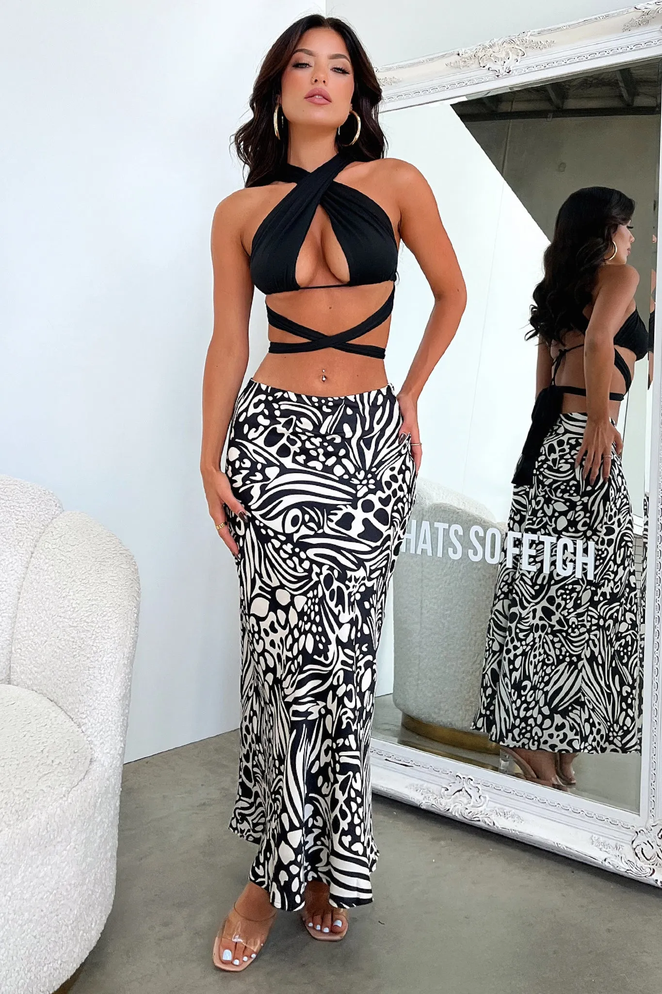 Santorini Maxi Skirt - Black / White Print