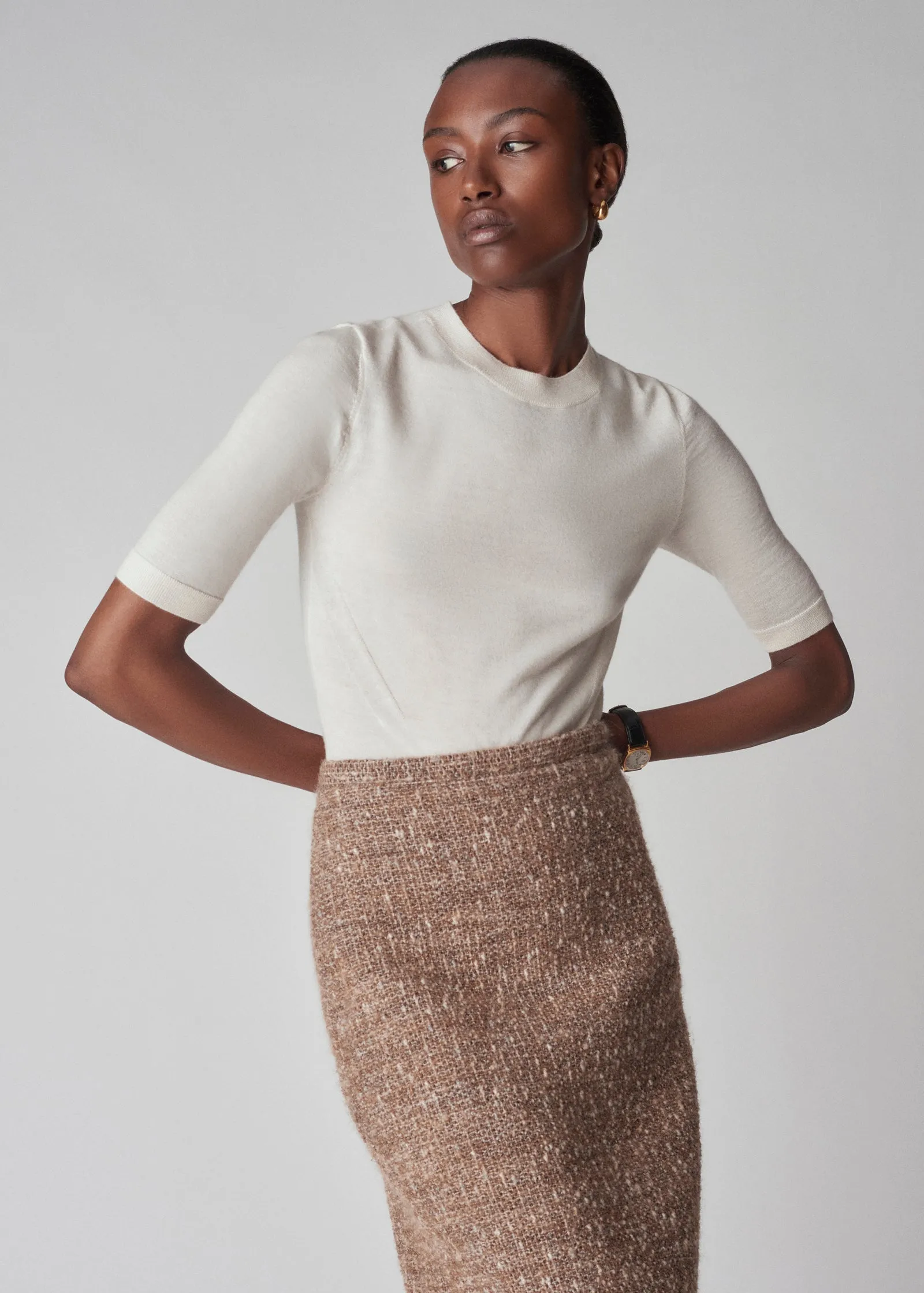 Short Sleeve Knit Top in Fine Cashmere - Ivory