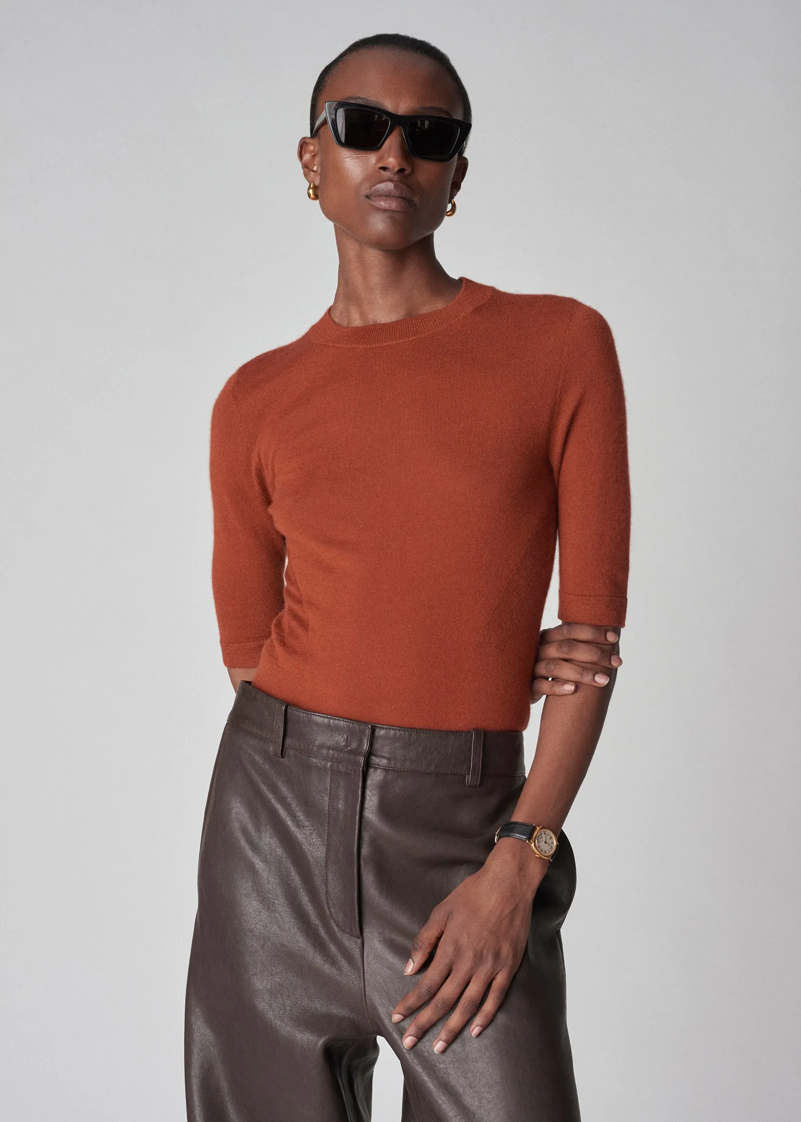 Short Sleeve Knit Top in Fine Cashmere - Tamarind