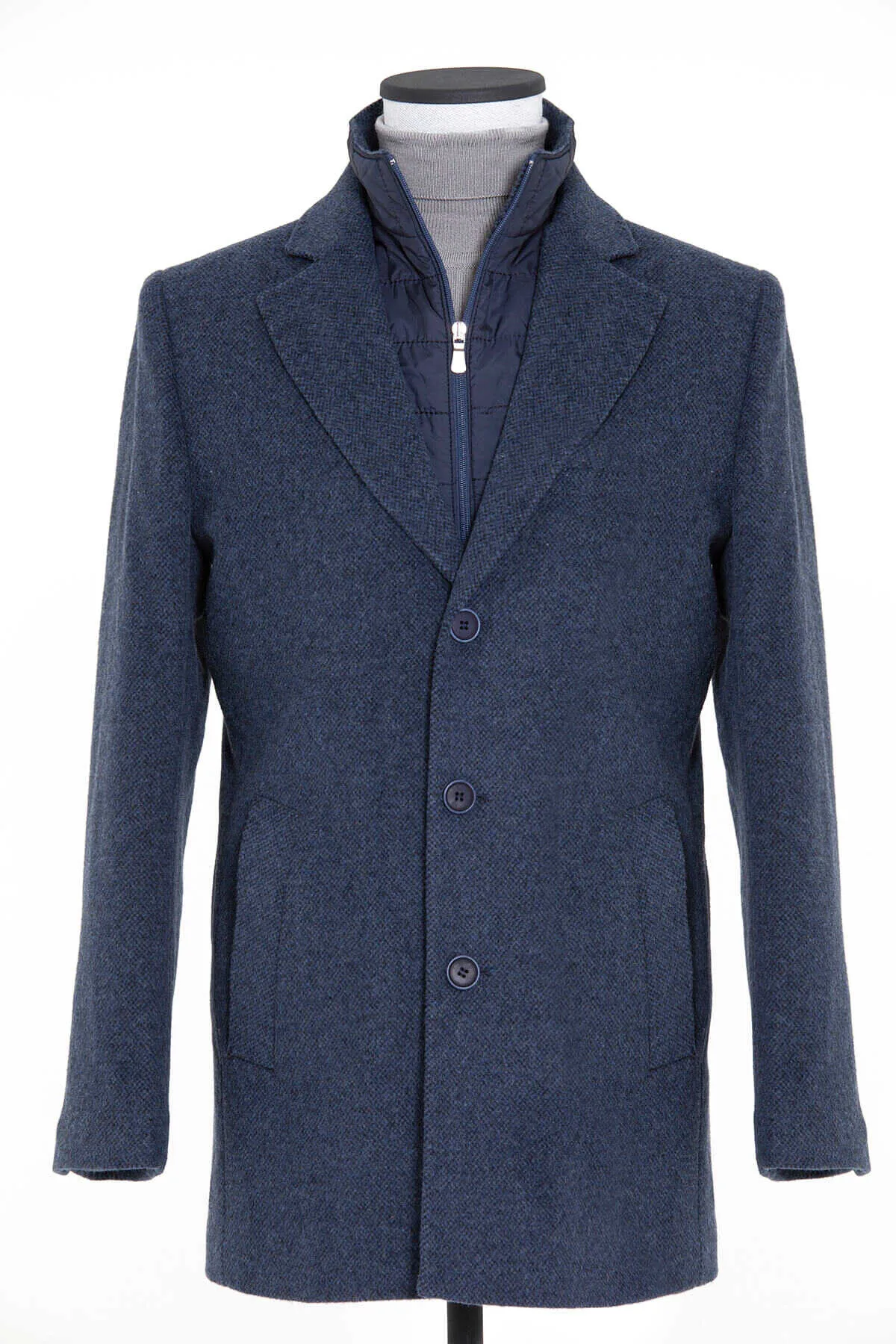 Slim Fit Cachet Rodos Notch Lapel Wool Blend Green Coat, Light Navy D.