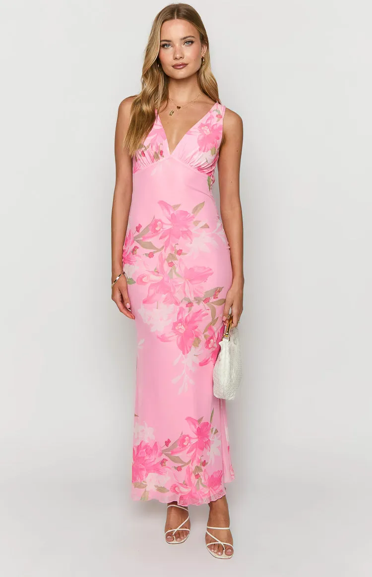 Sunflower Pink Floral Mesh Maxi Dress