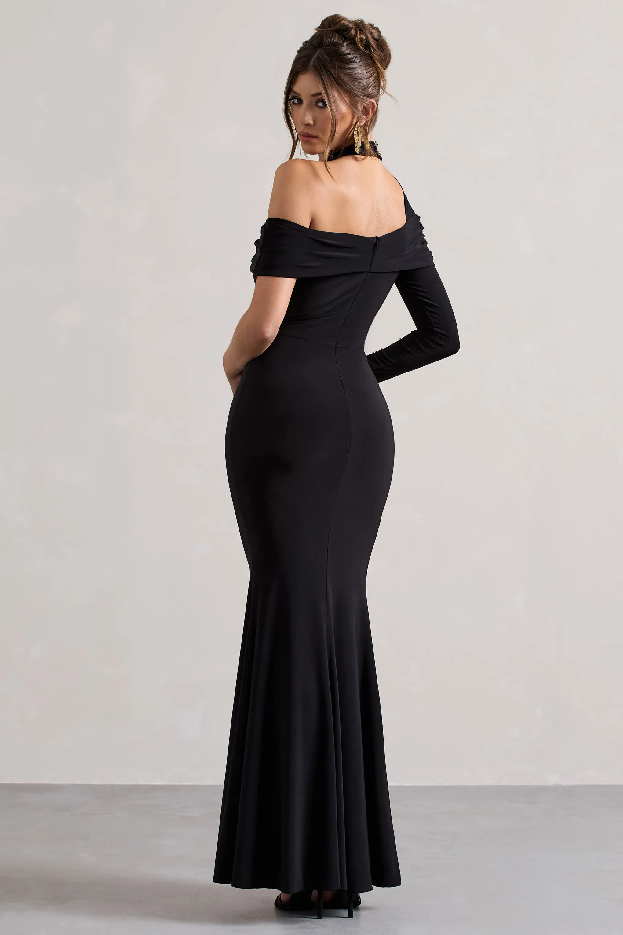 Tyla | Black Asymmetric High-Neck Split Maxi Dress