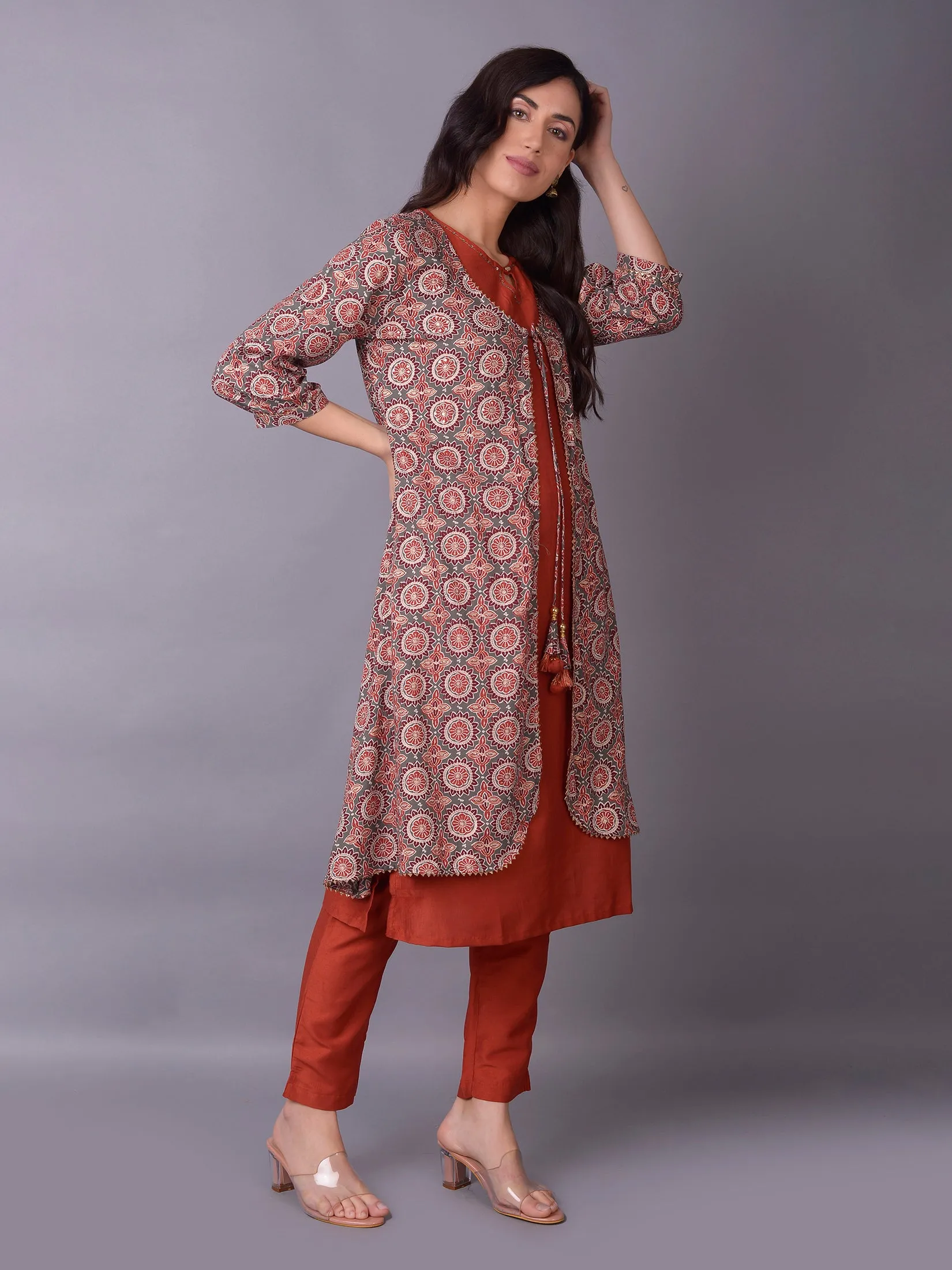 Women Grey Ornamental Printed Kurta Trouser Jacket